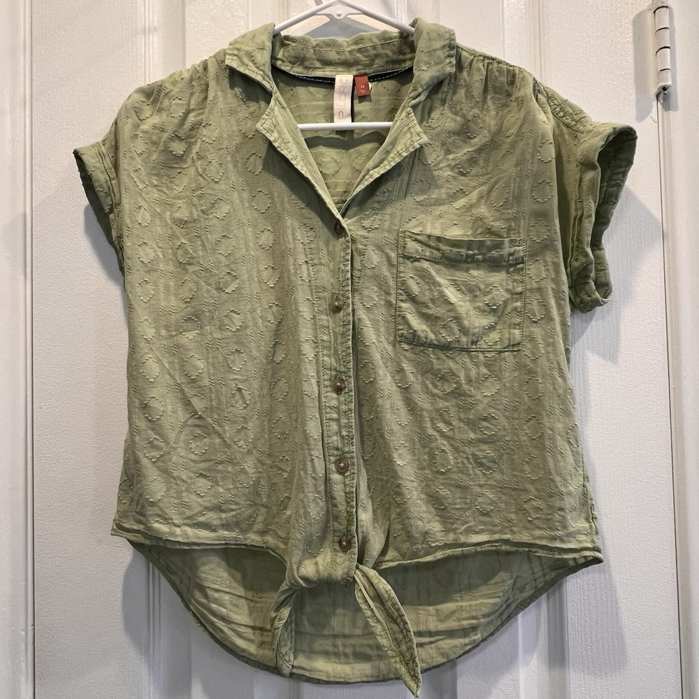 PILCRO Anthropologie Tie Front Top Size XS Green Embroidered Aztec Short Sleeve
